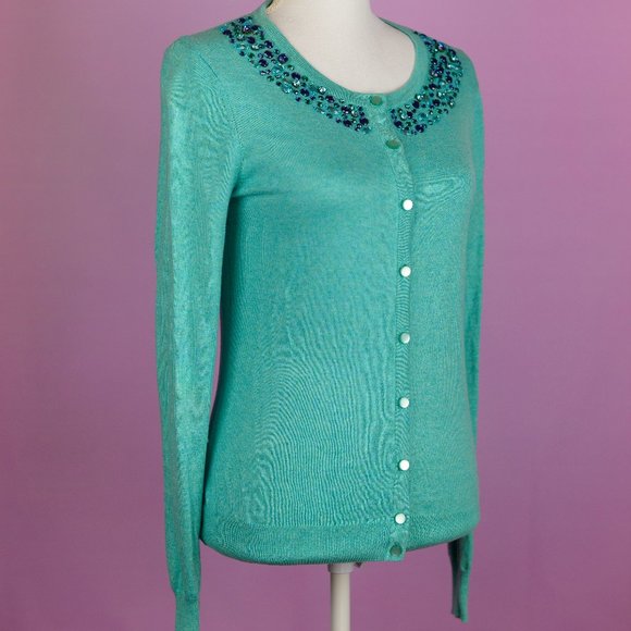 Turquoise cardigan with sequined collar - Picture 2 of 8